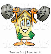 Illustration of a Cartoon House Mascot Holding a Heavy Barbell Above His Head by Mascot Junction