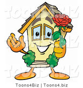 Illustration of a Cartoon House Mascot Holding a Red Rose on Valentines Day by Mascot Junction