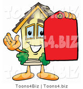 Illustration of a Cartoon House Mascot Holding a Red Sales Price Tag by Mascot Junction