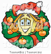 Illustration of a Cartoon House Mascot in the Center of a Christmas Wreath by Mascot Junction