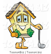 Illustration of a Cartoon House Mascot Leaning on a Golf Club While Golfing by Mascot Junction