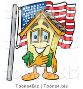 Illustration of a Cartoon House Mascot Pledging Allegiance to an American Flag by Mascot Junction