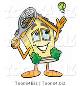 Illustration of a Cartoon House Mascot Preparing to Hit a Tennis Ball by Mascot Junction