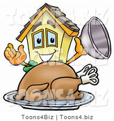Illustration of a Cartoon House Mascot Serving a Thanksgiving Turkey on a Platter by Mascot Junction