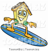 Illustration of a Cartoon House Mascot Surfing on a Blue and Yellow Surfboard by Mascot Junction
