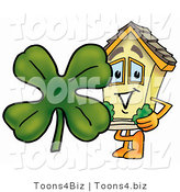 Illustration of a Cartoon House Mascot with a Green Four Leaf Clover on St Paddy's or St Patricks Day by Mascot Junction