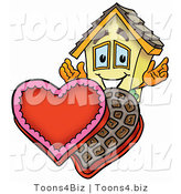 Illustration of a Cartoon House Mascot with an Open Box of Valentines Day Chocolate Candies by Mascot Junction