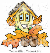 Illustration of a Cartoon House Mascot with Autumn Leaves and Acorns in the Fall by Mascot Junction