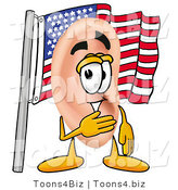 Illustration of a Cartoon Human Ear Mascot Pledging Allegiance to an American Flag by Mascot Junction