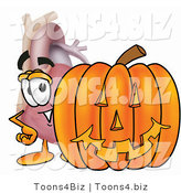 Illustration of a Cartoon Human Heart Mascot with a Carved Halloween Pumpkin by Mascot Junction