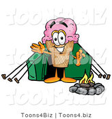 Illustration of a Cartoon Ice Cream Cone Mascot Camping with a Tent and Fire by Mascot Junction