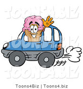 Illustration of a Cartoon Ice Cream Cone Mascot Driving a Blue Car and Waving by Mascot Junction