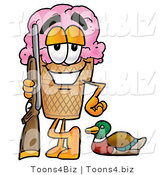 Illustration of a Cartoon Ice Cream Cone Mascot Duck Hunting, Standing with a Rifle and Duck by Mascot Junction
