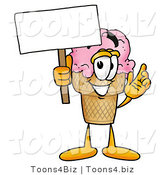Illustration of a Cartoon Ice Cream Cone Mascot Holding a Blank Sign by Mascot Junction