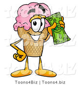 Illustration of a Cartoon Ice Cream Cone Mascot Holding a Dollar Bill by Mascot Junction