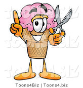 Illustration of a Cartoon Ice Cream Cone Mascot Holding a Pair of Scissors by Mascot Junction