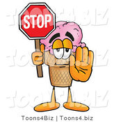 Illustration of a Cartoon Ice Cream Cone Mascot Holding a Stop Sign by Mascot Junction