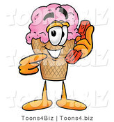Illustration of a Cartoon Ice Cream Cone Mascot Holding a Telephone by Mascot Junction