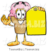 Illustration of a Cartoon Ice Cream Cone Mascot Holding a Yellow Sales Price Tag by Mascot Junction