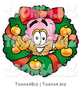 Illustration of a Cartoon Ice Cream Cone Mascot in the Center of a Christmas Wreath by Mascot Junction