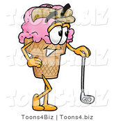 Illustration of a Cartoon Ice Cream Cone Mascot Leaning on a Golf Club While Golfing by Mascot Junction