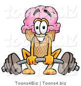 Illustration of a Cartoon Ice Cream Cone Mascot Lifting a Heavy Barbell by Mascot Junction