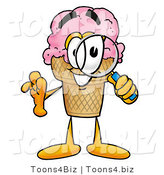 Illustration of a Cartoon Ice Cream Cone Mascot Looking Through a Magnifying Glass by Mascot Junction