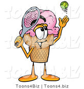 Illustration of a Cartoon Ice Cream Cone Mascot Preparing to Hit a Tennis Ball by Mascot Junction