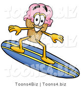 Illustration of a Cartoon Ice Cream Cone Mascot Surfing on a Blue and Yellow Surfboard by Mascot Junction