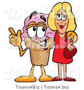 Illustration of a Cartoon Ice Cream Cone Mascot Talking to a Pretty Blond Woman by Mascot Junction