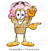 Illustration of a Cartoon Ice Cream Cone Mascot Waving and Pointing by Mascot Junction