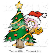 Illustration of a Cartoon Ice Cream Cone Mascot Waving and Standing by a Decorated Christmas Tree by Mascot Junction