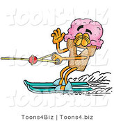 Illustration of a Cartoon Ice Cream Cone Mascot Waving While Water Skiing by Mascot Junction