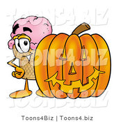 Illustration of a Cartoon Ice Cream Cone Mascot with a Carved Halloween Pumpkin by Mascot Junction