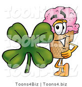 Illustration of a Cartoon Ice Cream Cone Mascot with a Green Four Leaf Clover on St Paddy's or St Patricks Day by Mascot Junction