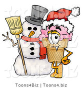 Illustration of a Cartoon Ice Cream Cone Mascot with a Snowman on Christmas by Mascot Junction