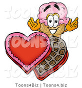 Illustration of a Cartoon Ice Cream Cone Mascot with an Open Box of Valentines Day Chocolate Candies by Mascot Junction