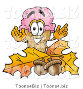 Illustration of a Cartoon Ice Cream Cone Mascot with Autumn Leaves and Acorns in the Fall by Mascot Junction