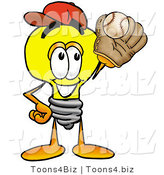 Illustration of a Cartoon Light Bulb Mascot Catching a Baseball with a Glove by Mascot Junction