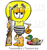 Illustration of a Cartoon Light Bulb Mascot Duck Hunting, Standing with a Rifle and Duck by Mascot Junction