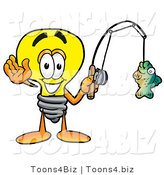 Illustration of a Cartoon Light Bulb Mascot Holding a Fish on a Fishing Pole by Mascot Junction