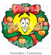 Illustration of a Cartoon Light Bulb Mascot in the Center of a Christmas Wreath by Mascot Junction