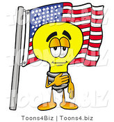 Illustration of a Cartoon Light Bulb Mascot Pledging Allegiance to an American Flag by Mascot Junction