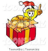 Illustration of a Cartoon Light Bulb Mascot Standing by a Christmas Present by Mascot Junction