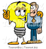 Illustration of a Cartoon Light Bulb Mascot Talking to a Business Man by Mascot Junction