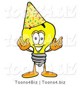 Illustration of a Cartoon Light Bulb Mascot Wearing a Birthday Party Hat by Mascot Junction