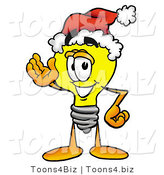 Illustration of a Cartoon Light Bulb Mascot Wearing a Santa Hat and Waving by Mascot Junction