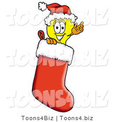 Illustration of a Cartoon Light Bulb Mascot Wearing a Santa Hat Inside a Red Christmas Stocking by Mascot Junction