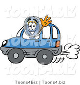 Illustration of a Cartoon Magnifying Glass Mascot Driving a Blue Car and Waving by Mascot Junction