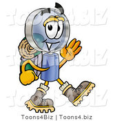 Illustration of a Cartoon Magnifying Glass Mascot Hiking and Carrying a Backpack by Mascot Junction